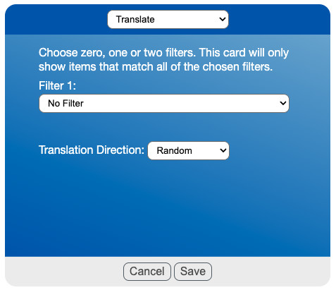 The card editor with drop downs for card type, filters and translation direction.